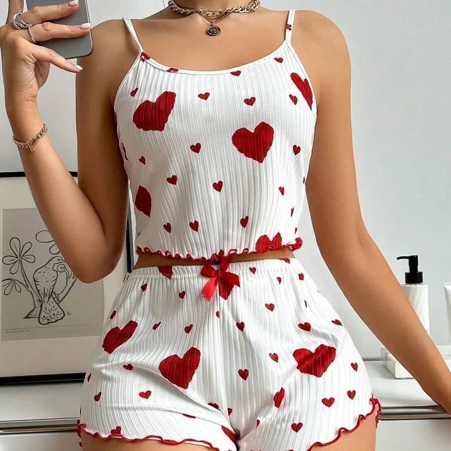 Women’s 2PCS Heart Print Pajama Set, Sleeveless Crop Top and Shorts, Soft Comfy Sleepwear Loungewear for Summer Nightwear