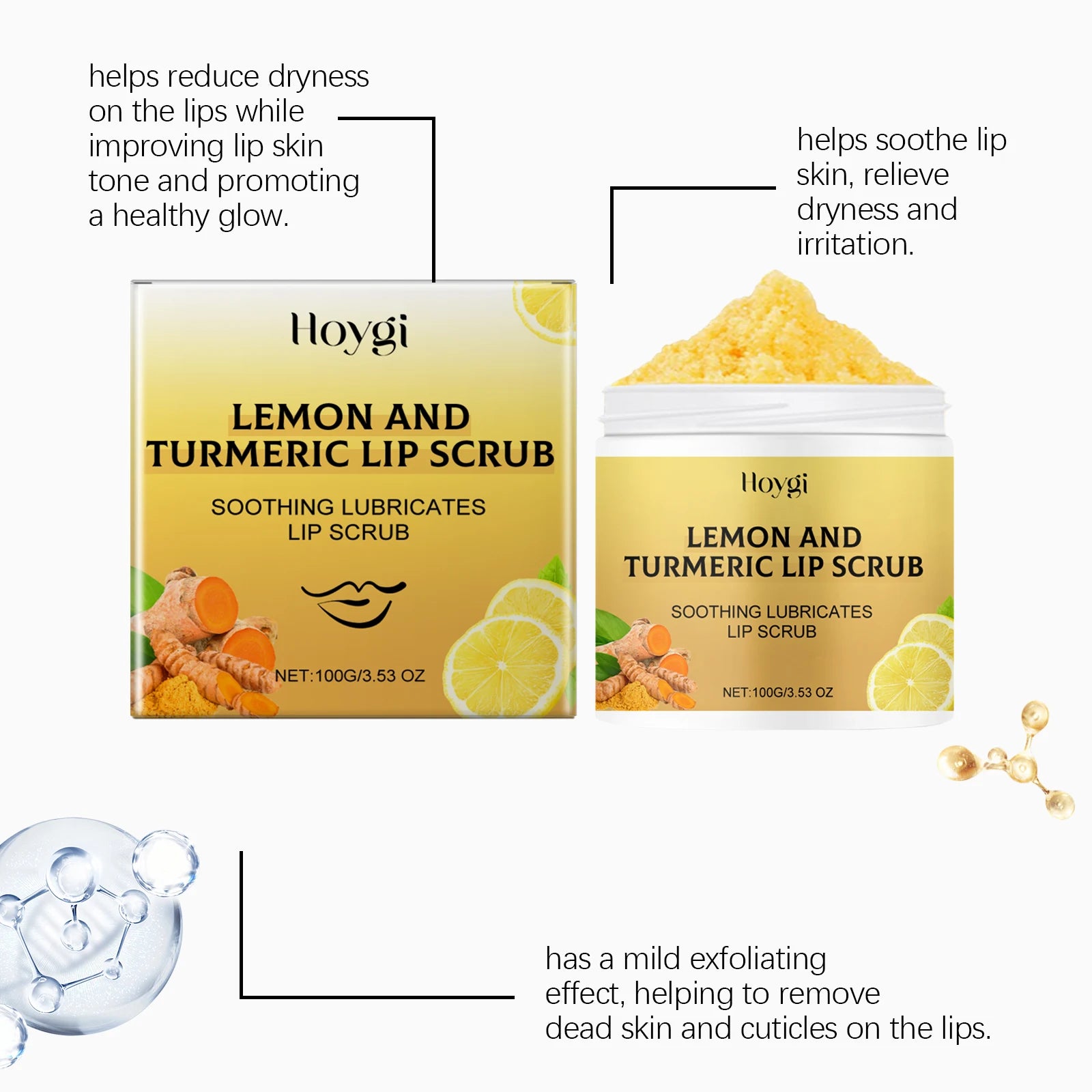 Hoygi 100g Turmeric Lemon Lip Scrub Moisturizing Lip Care Gentle Exfoliating Plumping Remove Dead Skin Nourish Chapped Lip Scrub