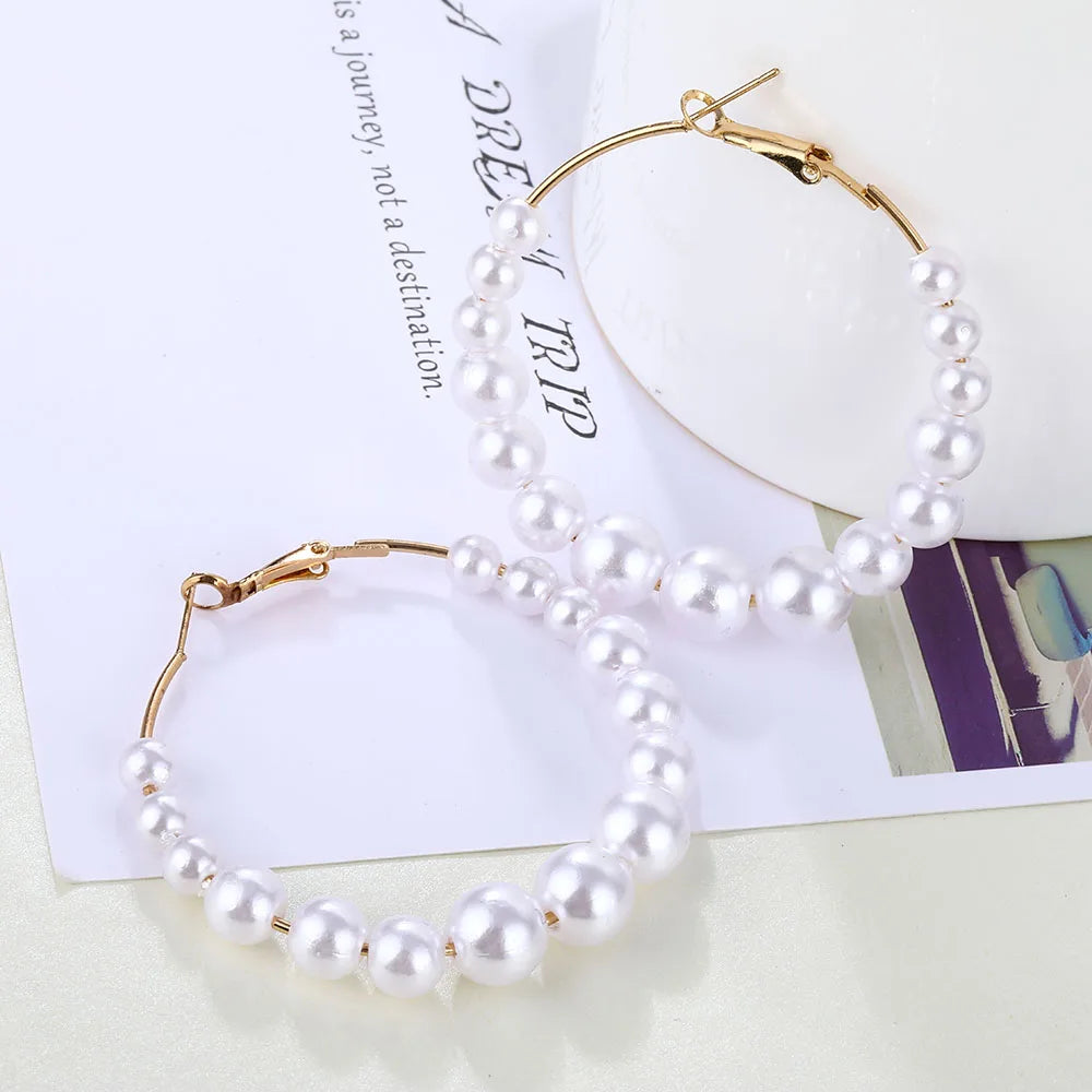 Fashion Korean Imitation Pearl Circle Hoop Earrings Women's Gold Color Round White Pearl Big Earrings Brincos Jewelry