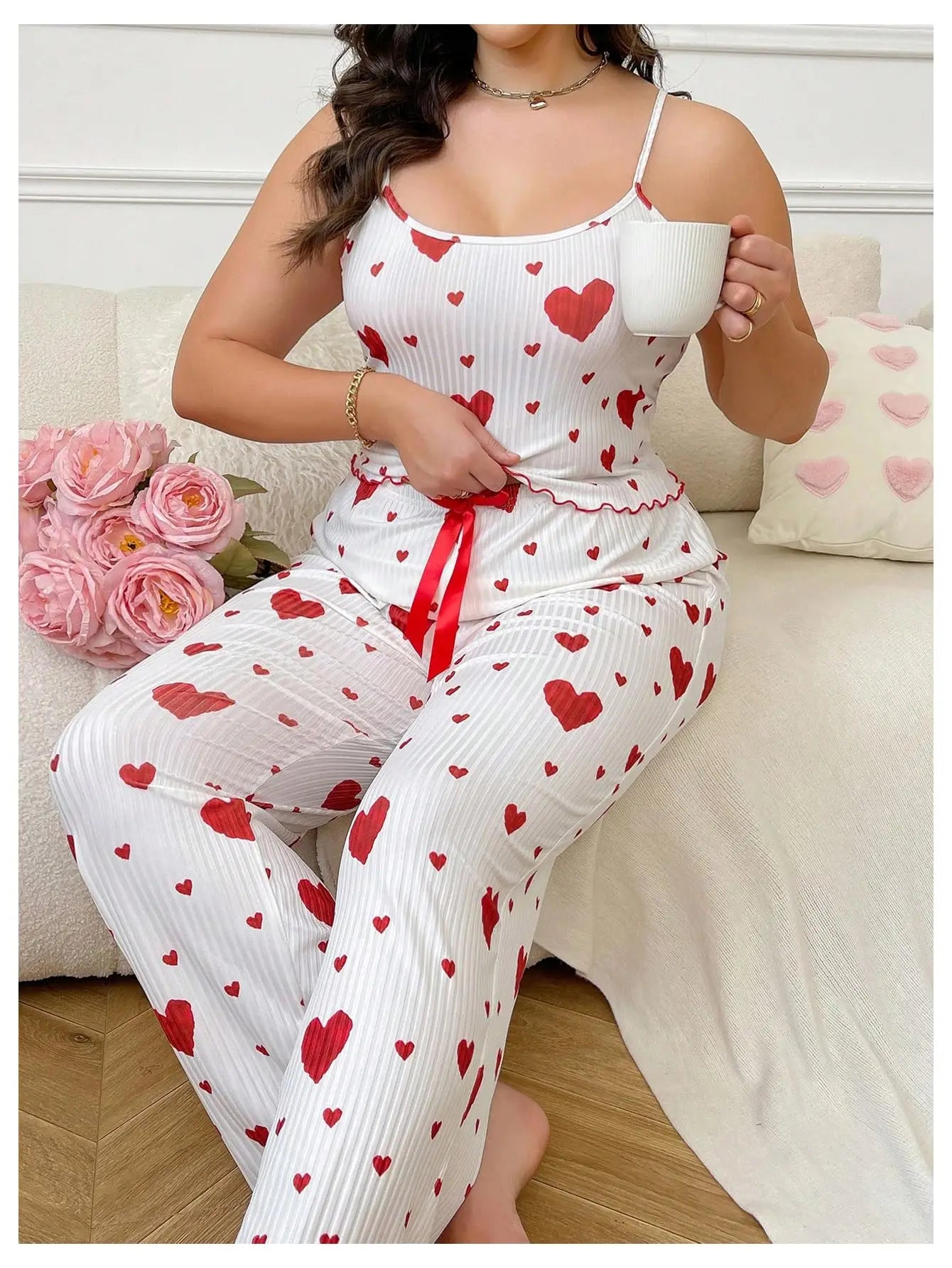 Plus Size Women Pajamas Set 2 Piece Sleeveless Vest and Trousers White Soft Breathable Sleepwear Casual Red Heart Print