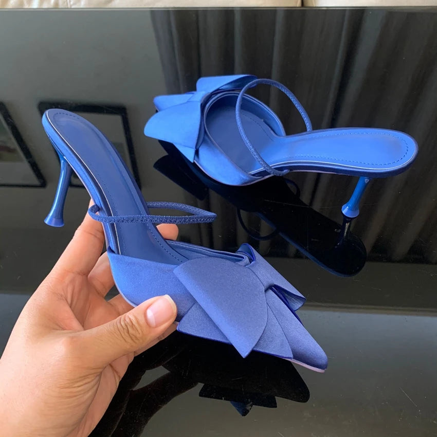 Fashion Bow knot High Heels Sandals Women 2025 Summer Slingback Pumps Vintage Satin Pointed Toe Heeled Elegant Party Lady Shoes