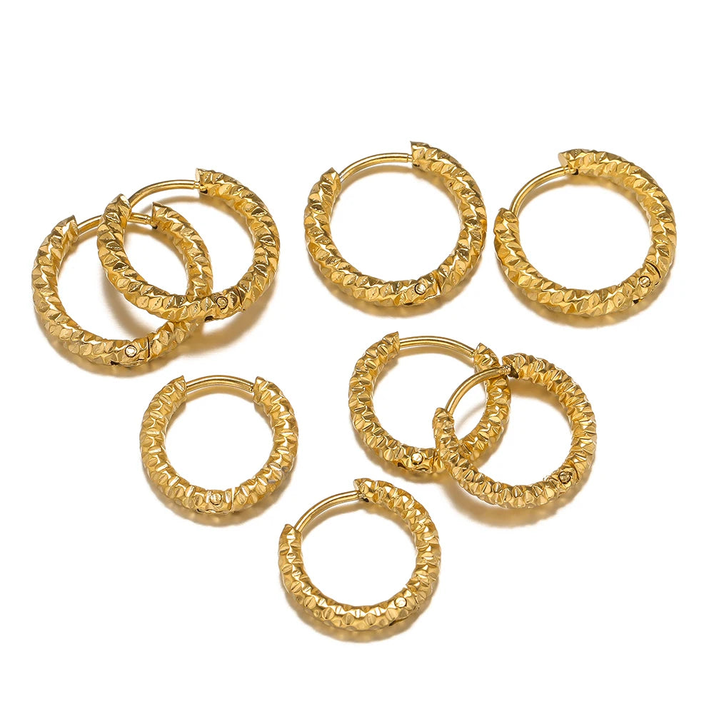 6pcs Stainless Steel Round Embossing Ear Rings PVD Gold Plated Korean Earrings Hoops Earring for Women Female Girls Metal Luxury