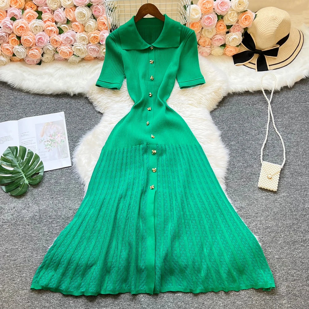 YuooMuoo Brand Fashion Vintage Turn-down Collar Knit Maxi Dress Elegant Single-breasted A-line Long Shirt Dress Lady Vestidos