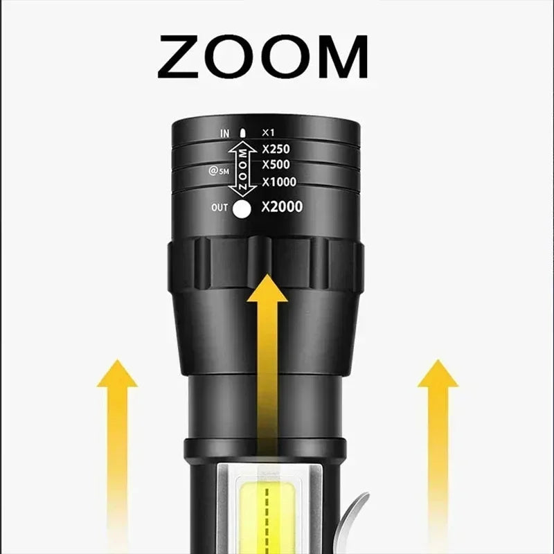 Portable Rechargeable LED Flashlight with Pen Clip Zoomable Waterproof Torch with Side Light Outdoor Camping Emergency Lantern