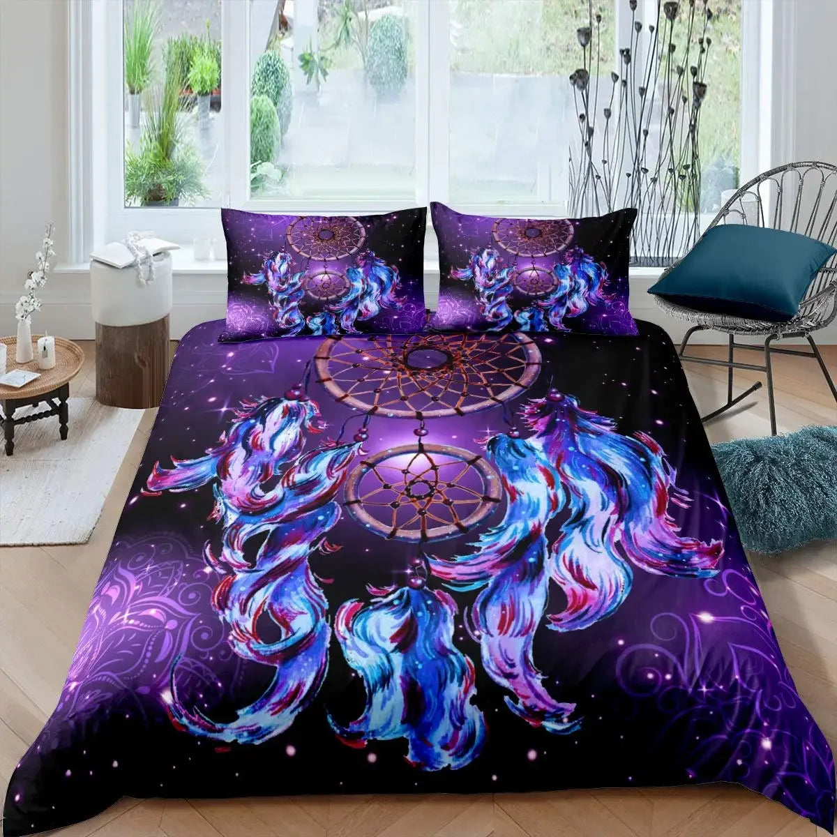 Dream Catcher Duvet Cover Set Purple Bedding Set Chic Boho Mandala Floral Feather Design Galaxy Comforter Cover Set Queen Size