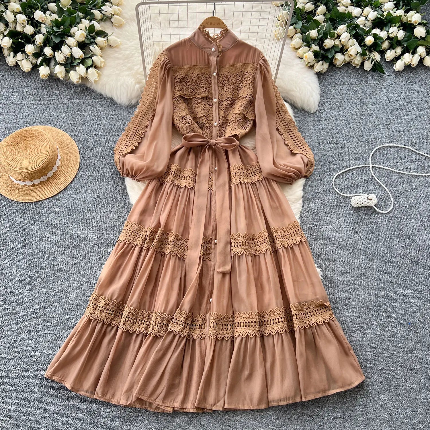 Elegant Hollow Out Organza Long Maxi Dresses Shirt Women Spring Summer Layer Ruffle Full Sleeve Pearl Evening Party Vestidos