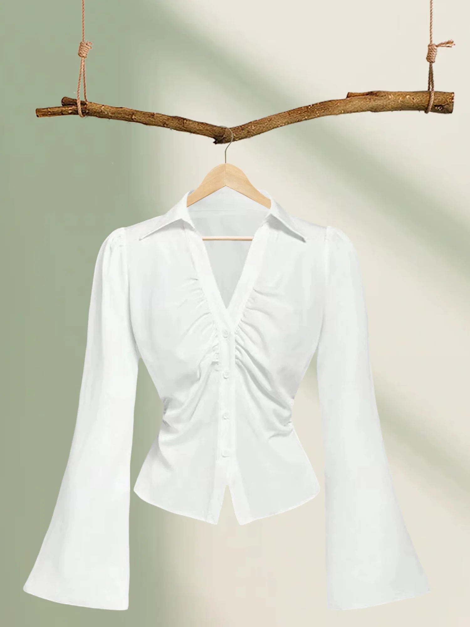 Women s Elegant Ruffle Sleeve Blouse Solid Color Lapel V-Neck Button Down Casual Shirt Spring Fall Fashion Tops