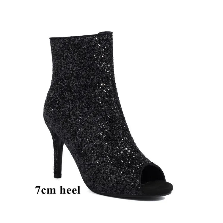 Ochanmeb Glitter Silver Peep Toe Boots Women Thin High-Heeled Open Toe Zipper Golden Sequins Ankle Boot Ladies Party Shoes 34-48