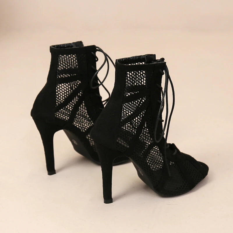 Sexy High Heels Hollow Mesh Sandals Women Summer Cross-tied Peep Toe Heeled Sandals Ankle Strap Dance Shoes Black Net Sandals