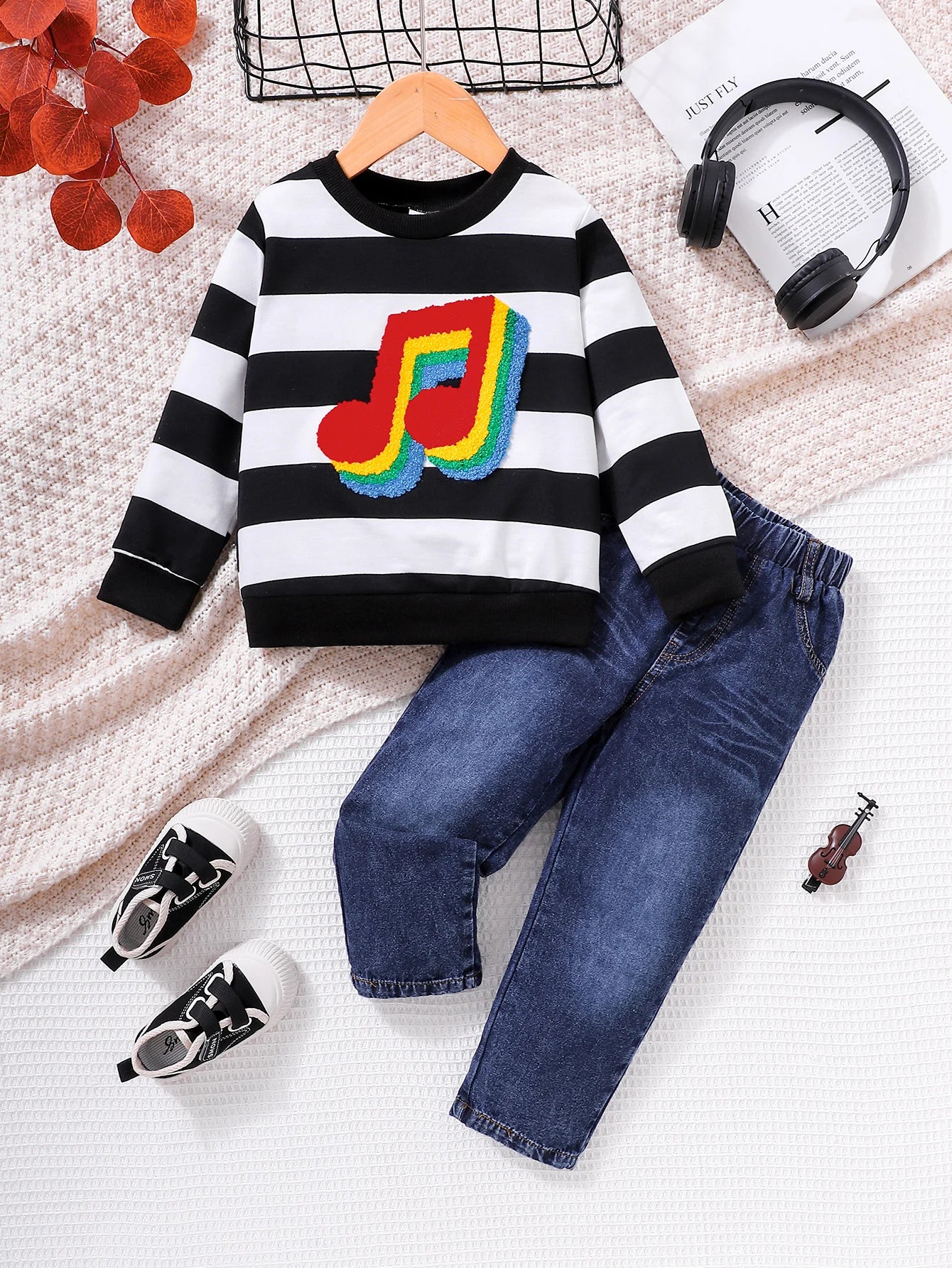 Unisex Kids Casual Striped Note Long Sleeve Top with Denim Pants Two-Piece Set for Boys And Girls