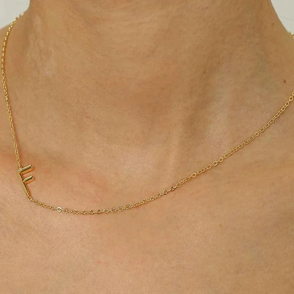 Sideways English Letter Initial Necklace 18K Gold Plated Stainless Steel Necklace Minimalist Initial Pendant Necklace for Women