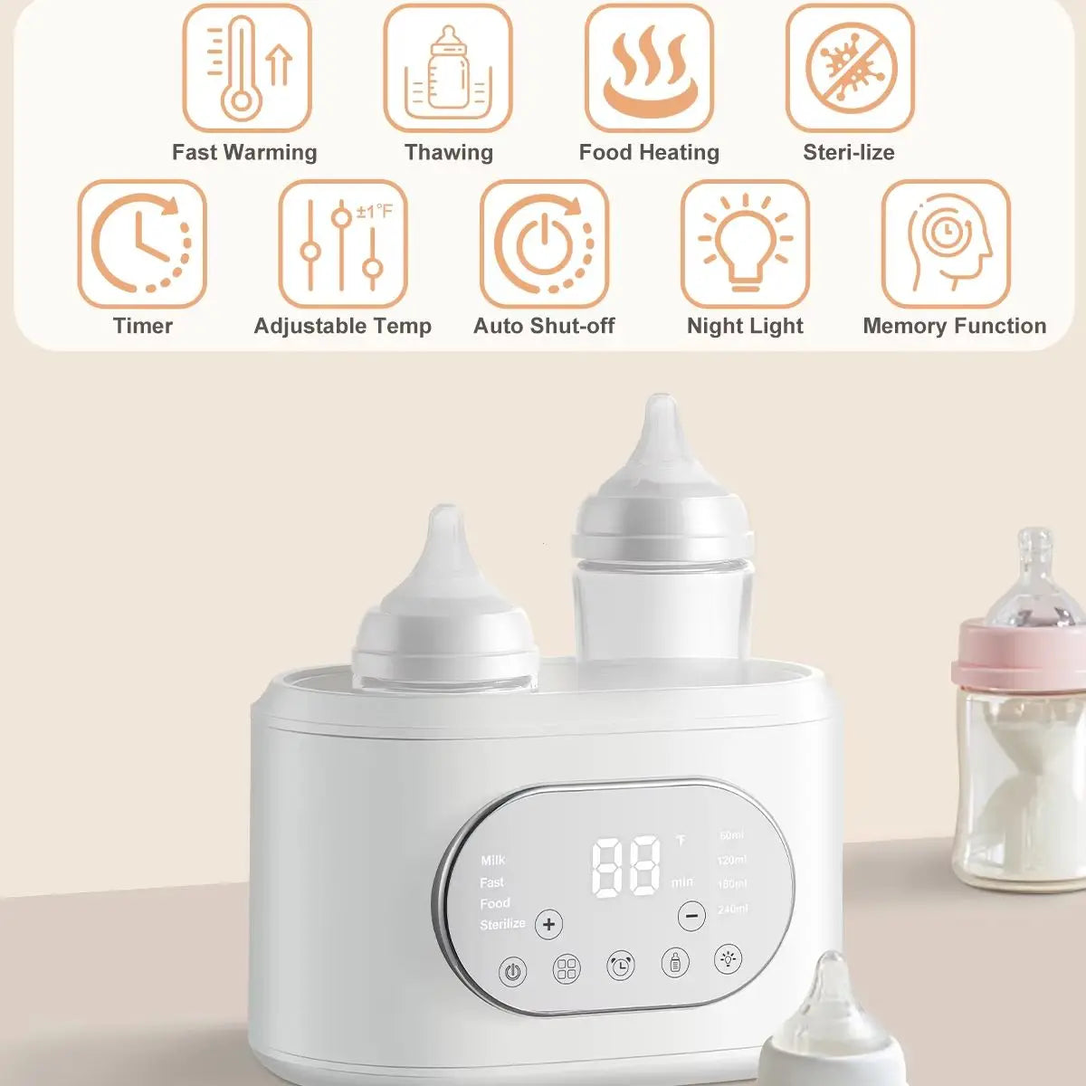 10-in-1 Baby Bottle Warmer Dual Fast Heating with Timer Precise Temp Control - Defrost/Steam for Breast Milk Formula Night Light