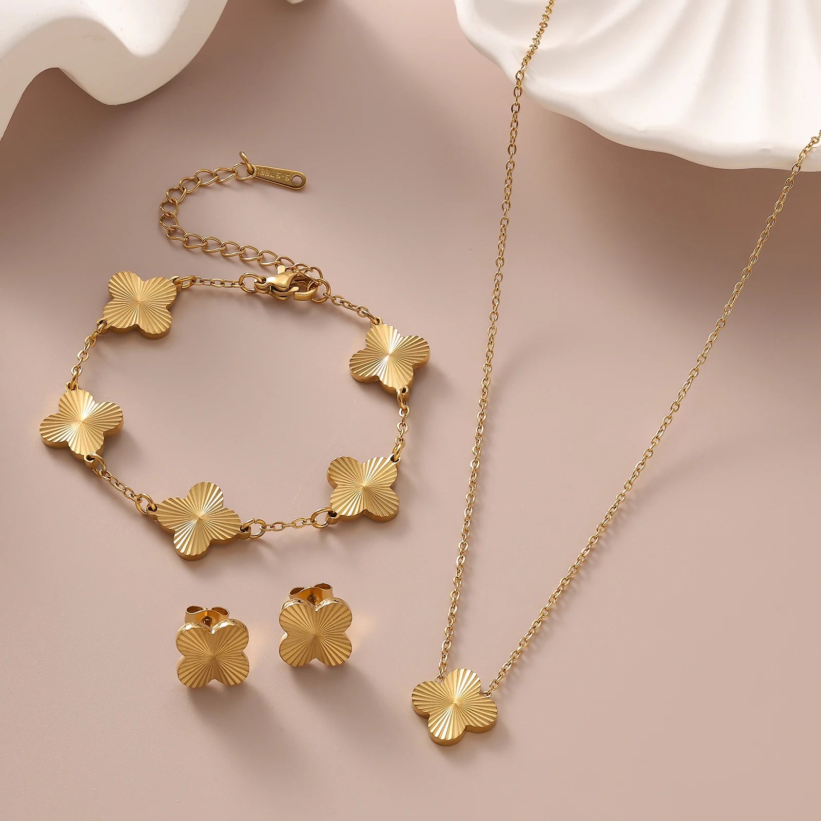 Fashionable stainless steel hand polished clover flower bracelet necklace earring set