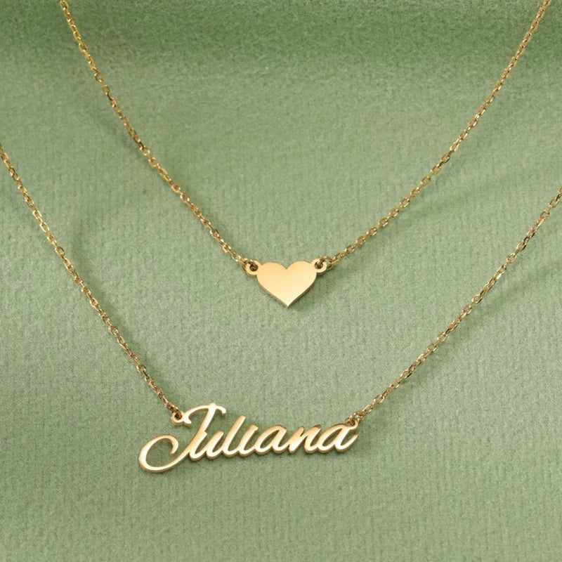 Personalized Double-strand Heart Name Necklace for Women Custom Layered Necklace Stainless Steel 18K Gold Plated Chain Jewelry