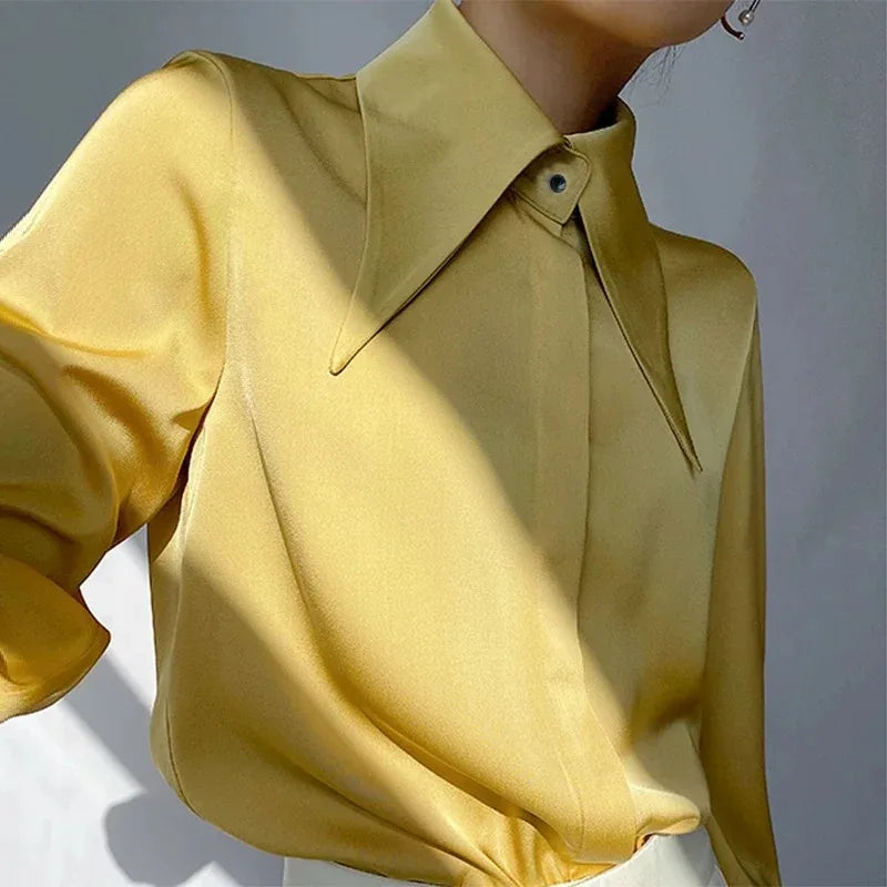 Fashion Vintage Satin Silk Shirt Women Elegant Turn Down Collar Women Blouse White Long Sleeve Ladies Shirts Tops Blusas 16946