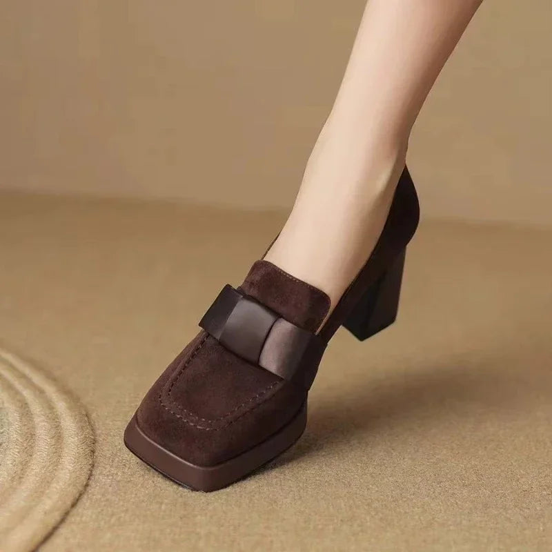 Women High 2025 New Heels Fashion Bow Dress Loafers Female Platform Heels Leather Shoes Mary Jane Retro Women Shoes Solid Color