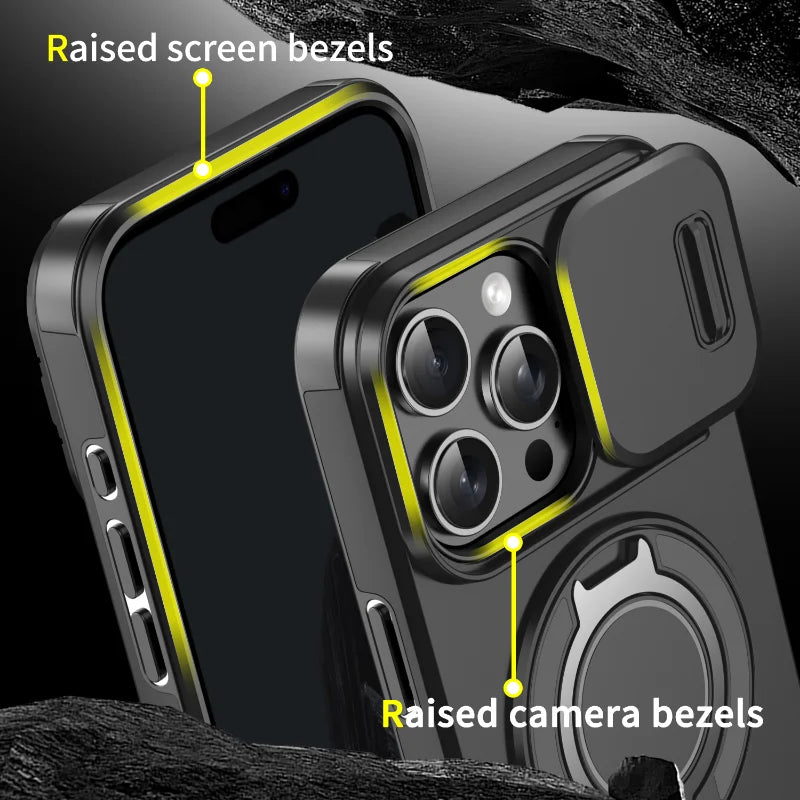 Luxury Heavy Duty Rugged Armor Magnetic Bracket Case For iPhone 16 15 14 13 12 11 Pro Max Plus Slide Camera Protection PC Cover