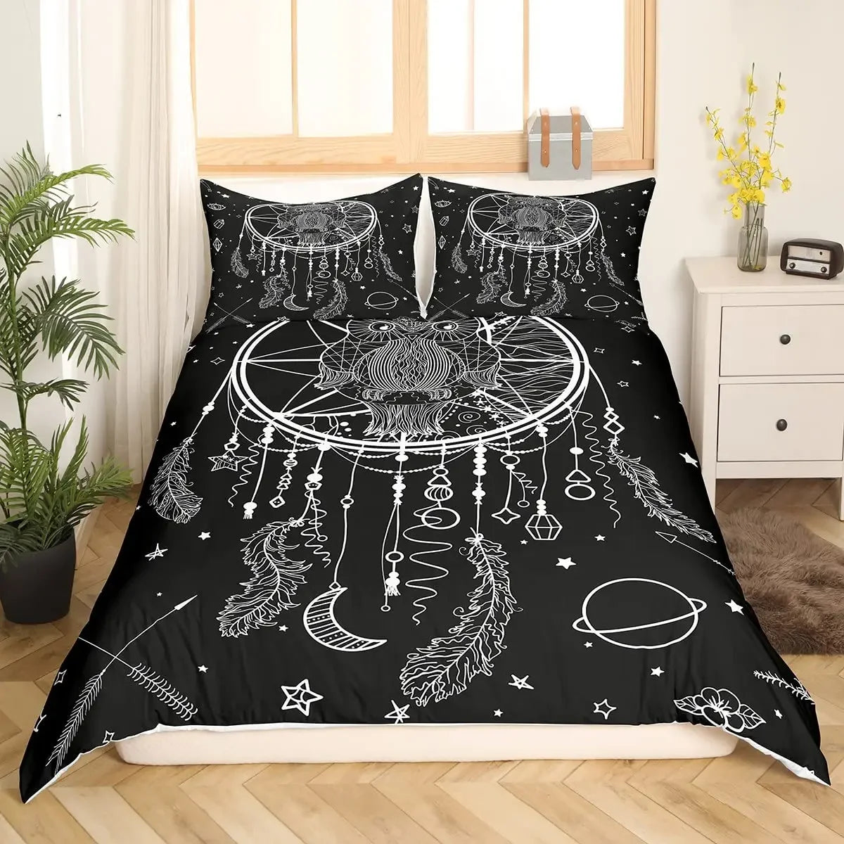 Dream Catcher Duvet Cover Set Purple Bedding Set Chic Boho Mandala Floral Feather Design Galaxy Comforter Cover Set Queen Size