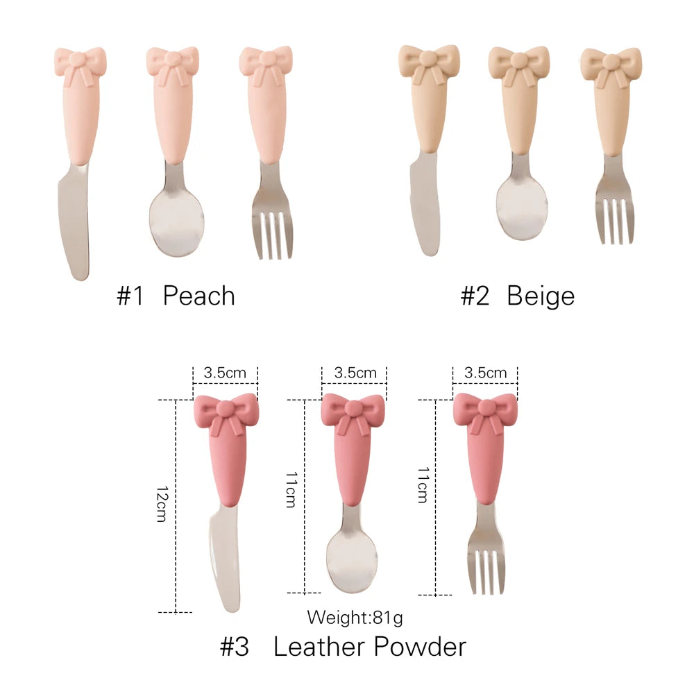 Baby Tableware Set BPA Free Silicone Bow Dish Tie Bowl Fork Food Plate Stainless Spoon Non-slip Tableware Newborn Feeding Tool