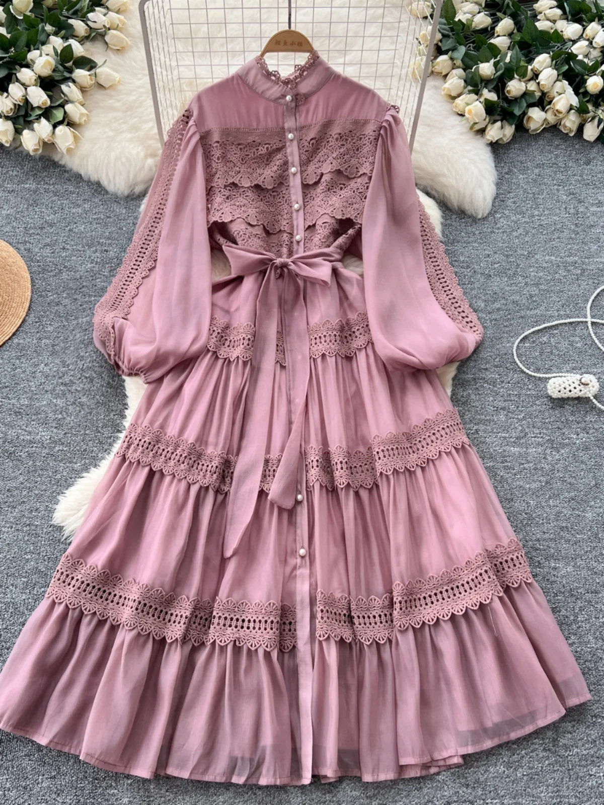 Elegant Hollow Out Organza Long Maxi Dresses Shirt Women Spring Summer Layer Ruffle Full Sleeve Pearl Evening Party Vestidos