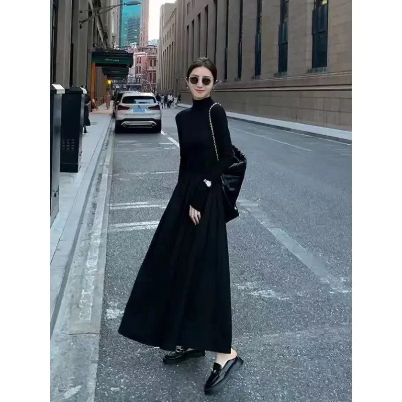 New French Style Temperament Women's High-Grade Black Dress Hepburn Style Gray Turtleneck Dress for Women Autumn Winter DF4964