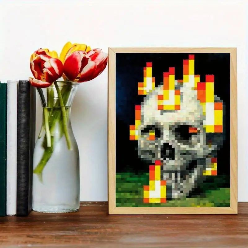 1pcs Vibrant Pixel Skull & Flames Canvas Poster - Unframed Art Print for Bedroom, Office, Living Room Decor, Skull Decor