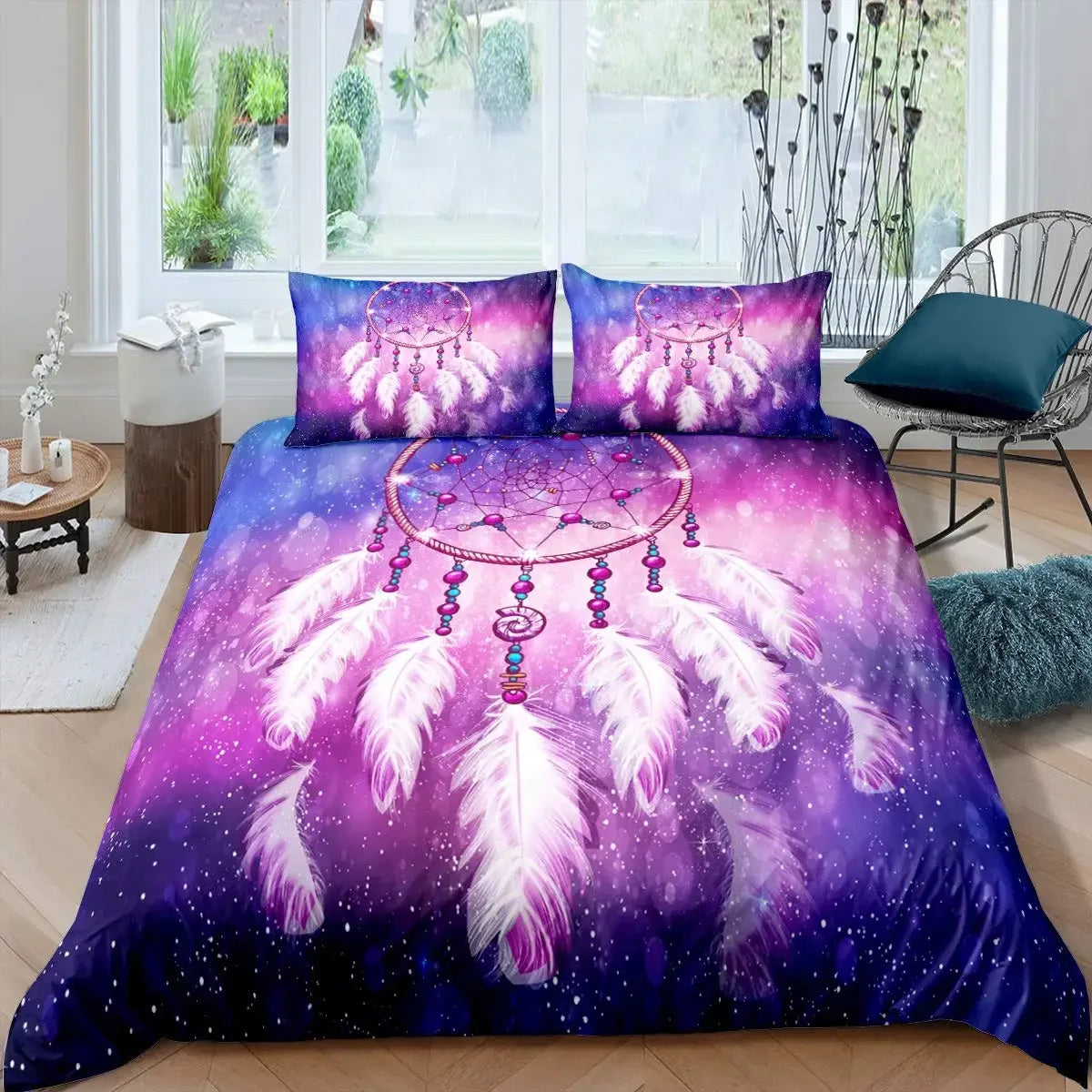 Dream Catcher Duvet Cover Set Purple Bedding Set Chic Boho Mandala Floral Feather Design Galaxy Comforter Cover Set Queen Size