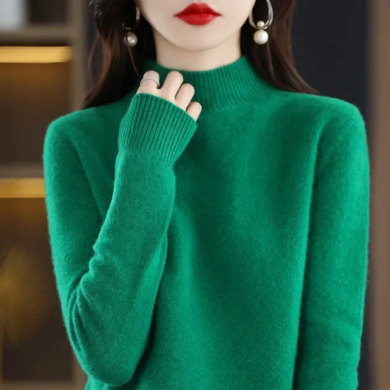Women's Knitwear Autumn Winter Sweater Korean Basic Solid Long Sleeve Pullovers Warm Bottoming Shirts Half High Collar Black Red