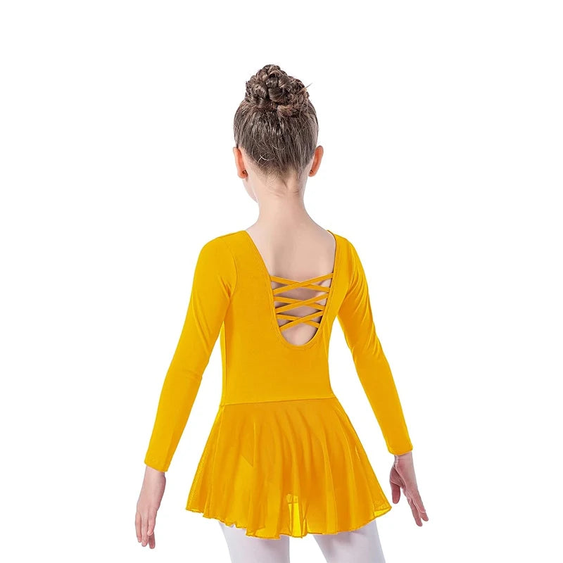 Girls' Ballet Leotard Toddler hollow out  Back Dorsal do alternately  Long Sleeve Skirt Kids Mesh Dance Dress