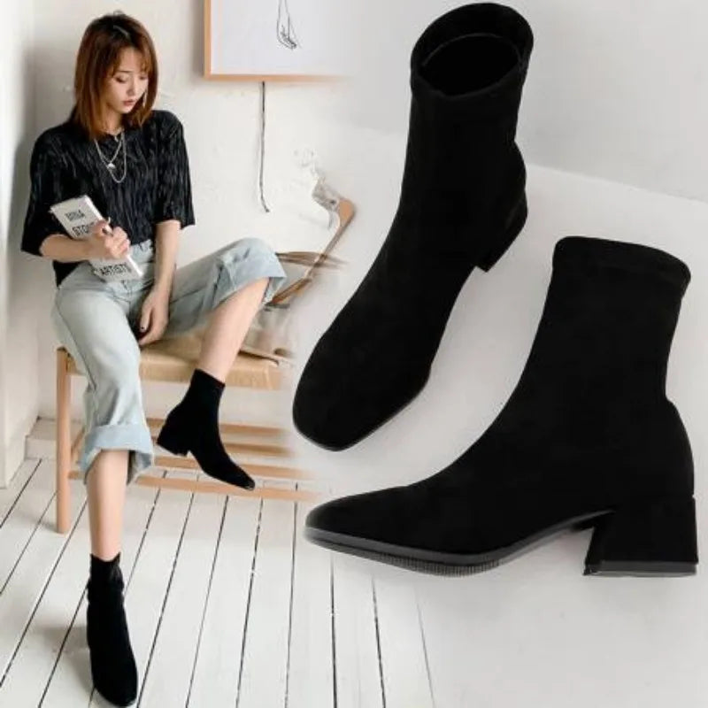 NASBAVI Woman Ankle Boots 2025 Autumn Winter Round Toe Low Heel Flock Black Comfortable Booties Lady Shoes Zapatos Mujer