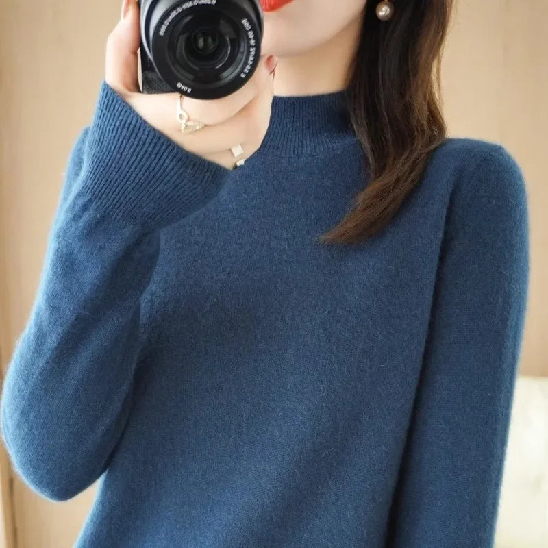 Women's Knitwear Autumn Winter Sweater Korean Basic Solid Long Sleeve Pullovers Warm Bottoming Shirts Half High Collar Black Red
