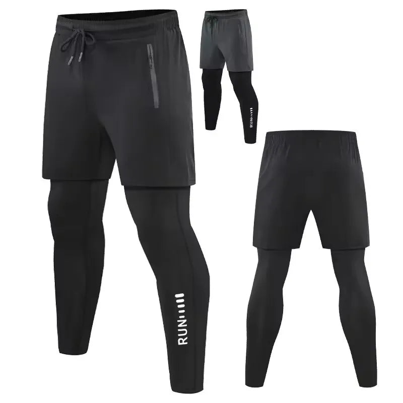 Men 2 In 1 Running Pants Double Layer Pant Tight Training Basketball Legging Fitness Sweatpant With Pockets Running Trousers