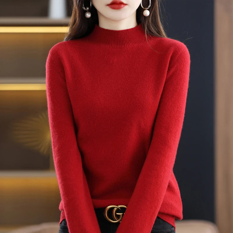 New Fashion Autumn And Winter Pure Wool Sweater Top Women's Semi-Turtleneck Solid Color Long-Sleeved Fashion Pullover Sweater101