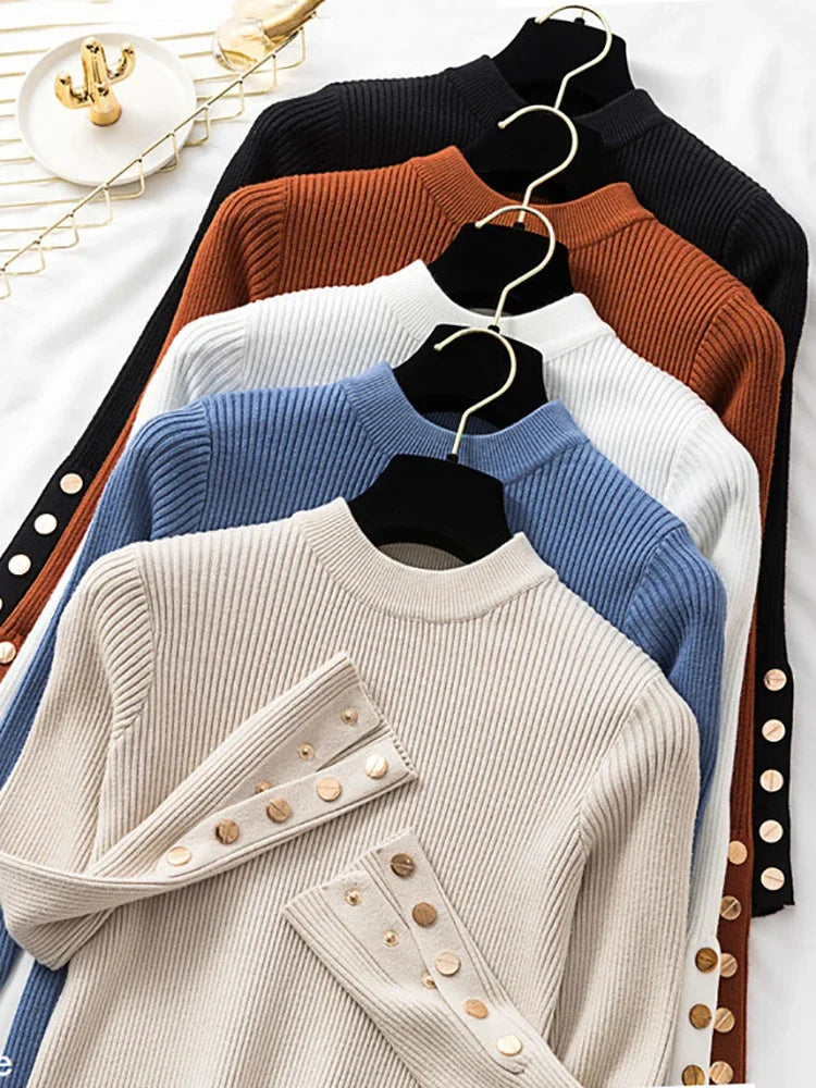 2025 Autumn Winter Casual Women Sweater Pullovers Button Long Sleeve O-neck Chic Sweater Female Slim Knitted Soft Jumper Tops