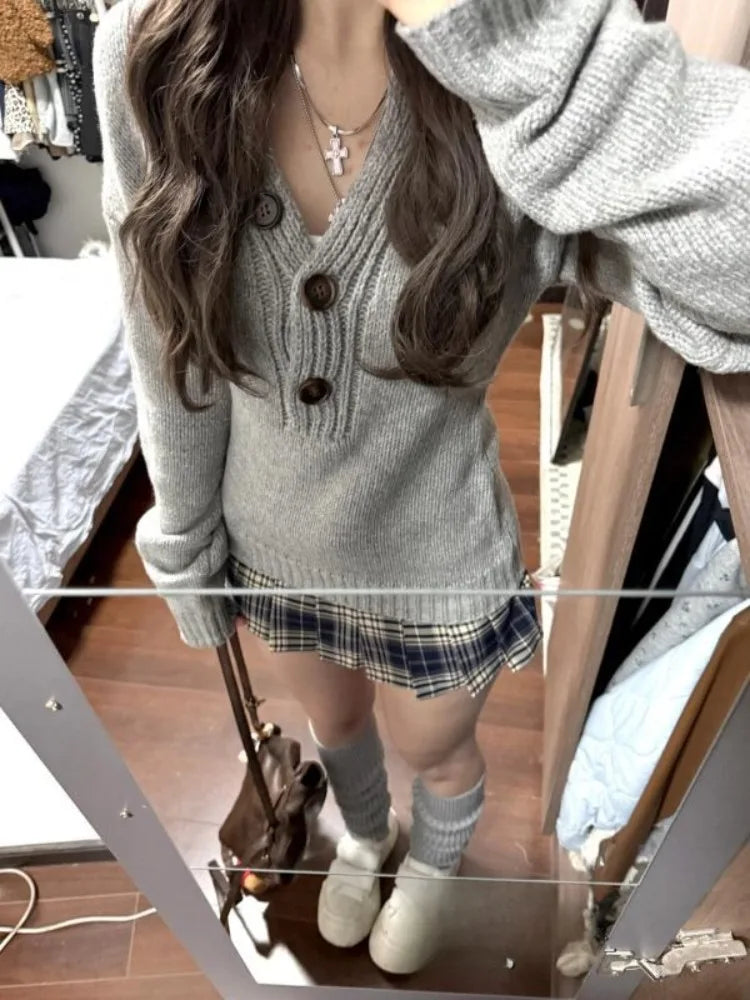 Y2k Gray V Neck Sweaters Mujer 2025 Autumn Winter New Knitted Pullover Fashion Slim Fit Long Sleeve Top for Women