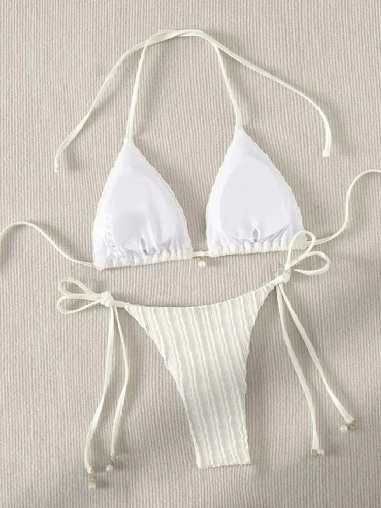 Vzvn 2025 New Summer Swimwear Bikinis Set Sexy Backless Bikini 2 Pieces Set Women Laced Up Solid Split Swimsuit Beach Bikini