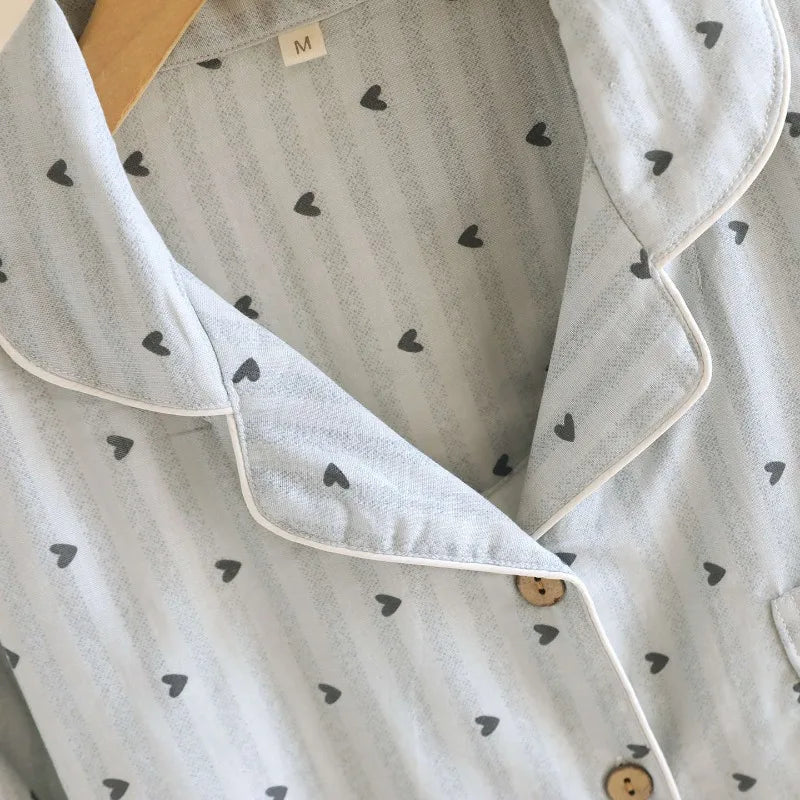 2025 Spring and Autumn Women's Pajama Set 100% Cotton Gauze Vertical Strip Love Long Sleeve Two piece Home Clothing Set