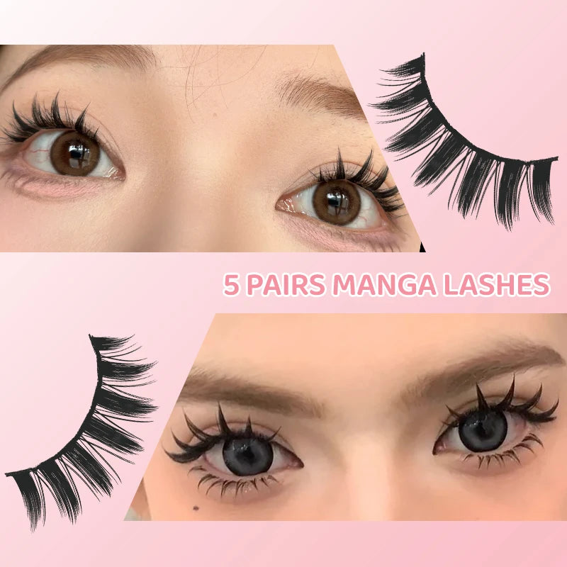 DINGSEN 5 Pairs Manga Lashes Eyes Lashes Soft Natural Long Eyelashes Fake Lashes Anime Wispy Strip False Eyelashes Makeup