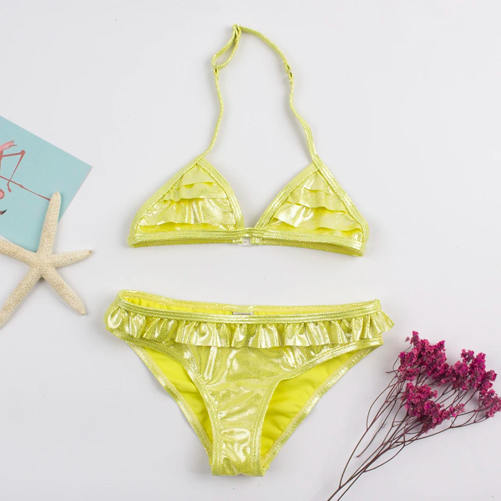 Shinning Ruffle Solid Summer Beach Girls Kids Swimwear Swimsuit Vacation Outdoor Play Adjustable Child Kids Bikini Set