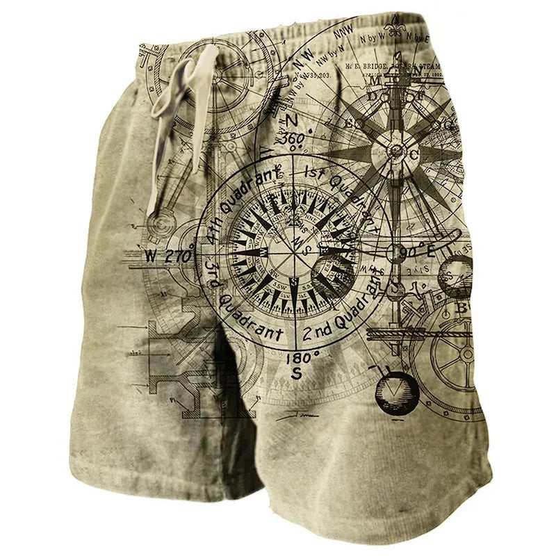 Men's Vintage Beach Shorts Classic Compass 3D Printed Street Hip Hop Men Women Short Pants Breathable Daily Holiday Ice Shorts