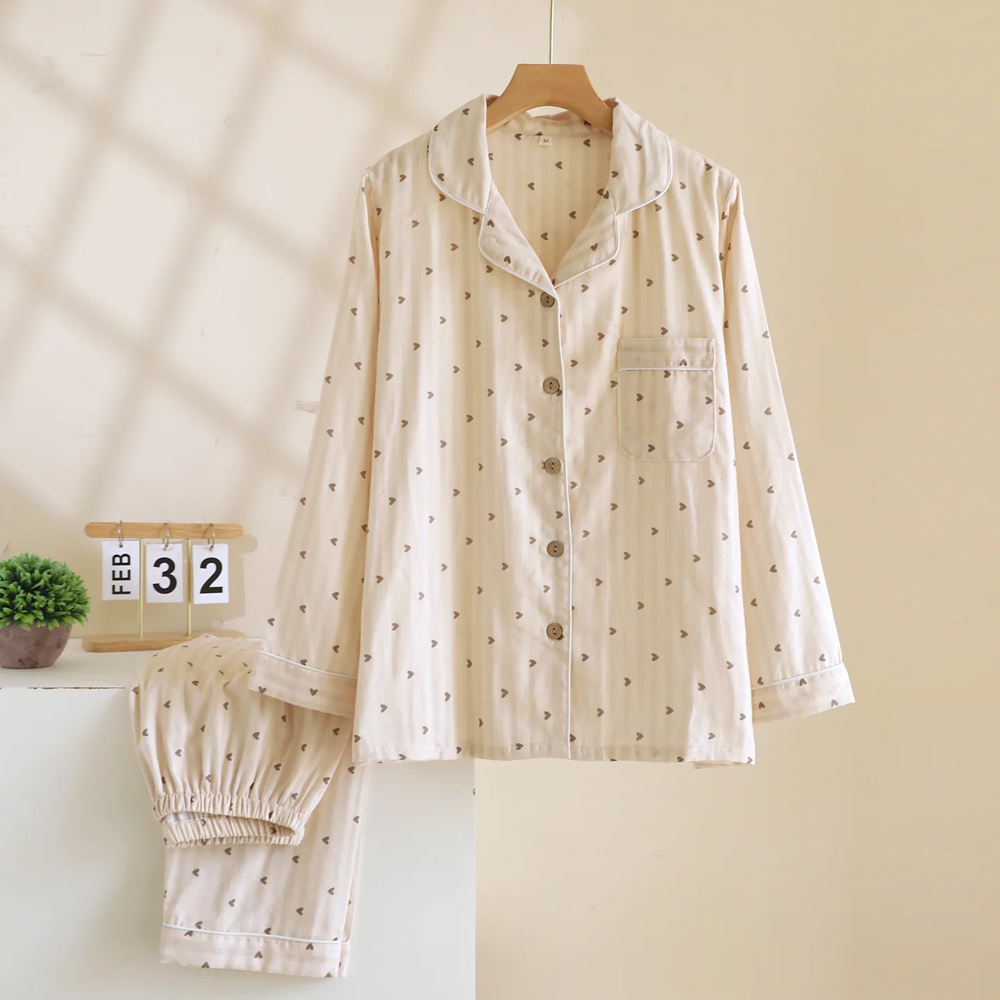 2025 Spring and Autumn Women's Pajama Set 100% Cotton Gauze Vertical Strip Love Long Sleeve Two piece Home Clothing Set