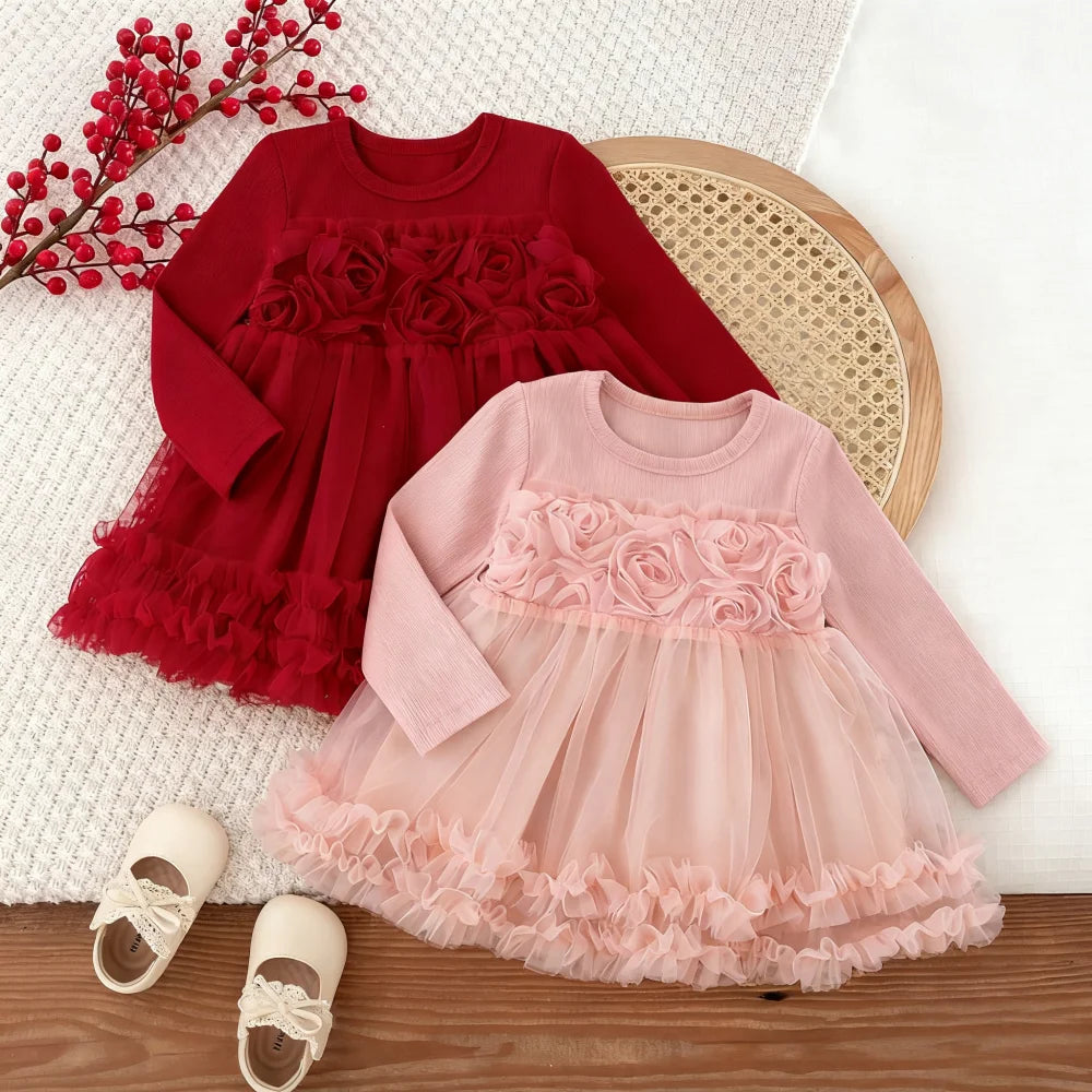 Girls' Dresses Spring/Fall Solid-Color Floral Long-Sleeve Baby Girl Dresses Adorable First Birthday Baby Dresses Baby Girl Cloth