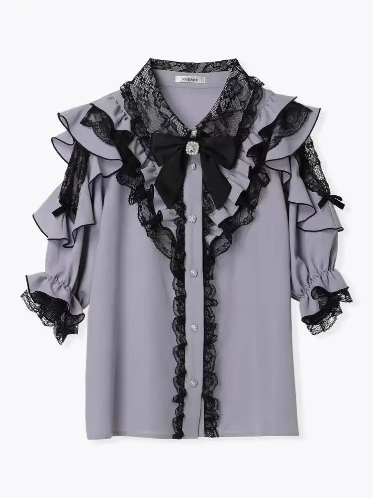 Noemi Inspired Ruffle Bow Top - Japanese Dark Femme Off-Shoulder Blouse, Lace Trim Bell Sleeve Shirt for Yami Kawaii & Lolita