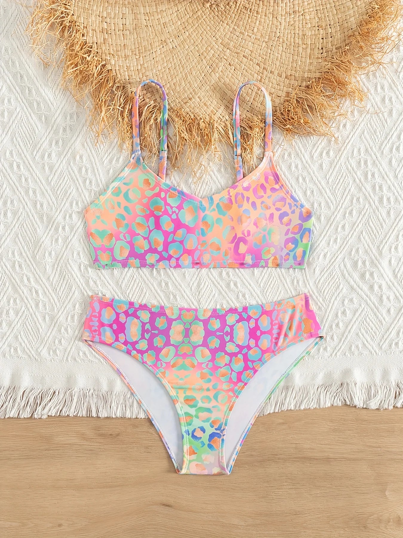 Bright Leopard Print Bikini Swimsuit for Teen Girls Summer Beachwear Two Piece Swimwear