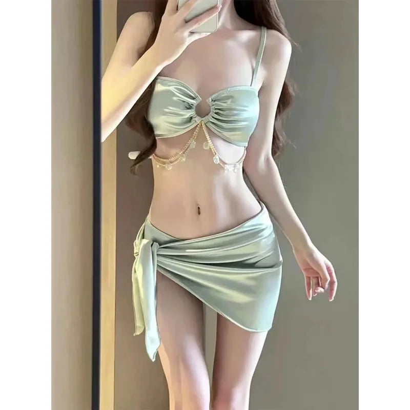 Light Green 3 Piece Swimsuit for Women,2024 New Solid Color Chain Bikini Set,summer Beach Vacation Skirt Swimwear Bathing Suit
