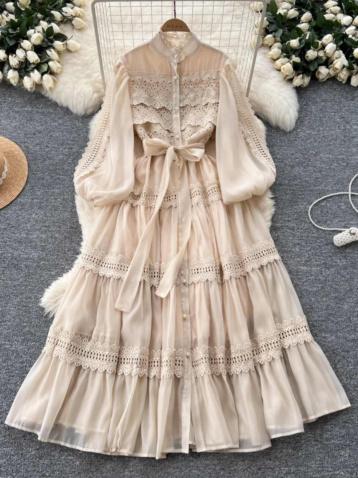Elegant Hollow Out Organza Long Maxi Dresses Shirt Women Spring Summer Layer Ruffle Full Sleeve Pearl Evening Party Vestidos