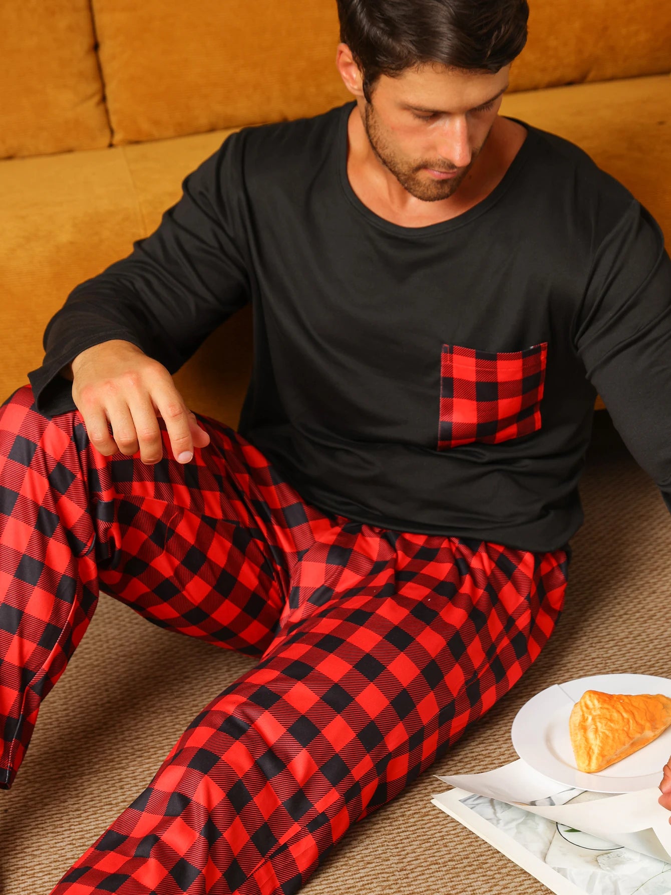 Two piece sets men's pajamas autumn and winter long sleeved pants checkered sleepwear set