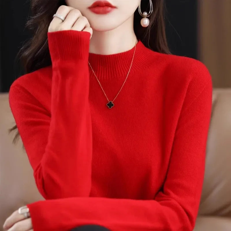 Women's Knitwear Autumn Winter Sweater Korean Basic Solid Long Sleeve Pullovers Warm Bottoming Shirts Half High Collar Black Red