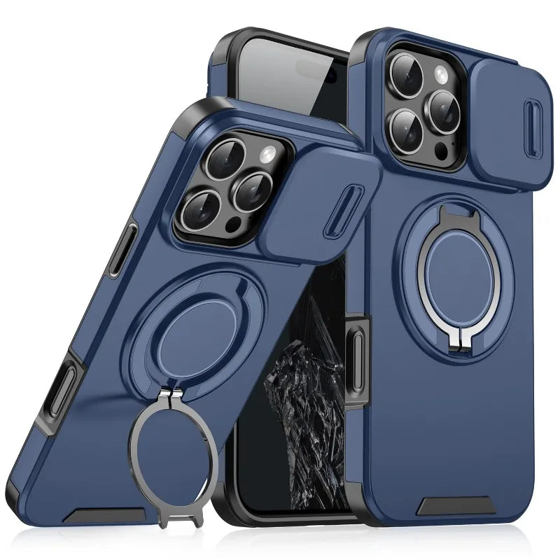 Luxury Heavy Duty Rugged Armor Magnetic Bracket Case For iPhone 16 15 14 13 12 11 Pro Max Plus Slide Camera Protection PC Cover