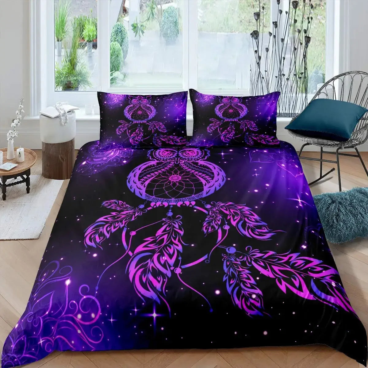 Dream Catcher Duvet Cover Set Purple Bedding Set Chic Boho Mandala Floral Feather Design Galaxy Comforter Cover Set Queen Size